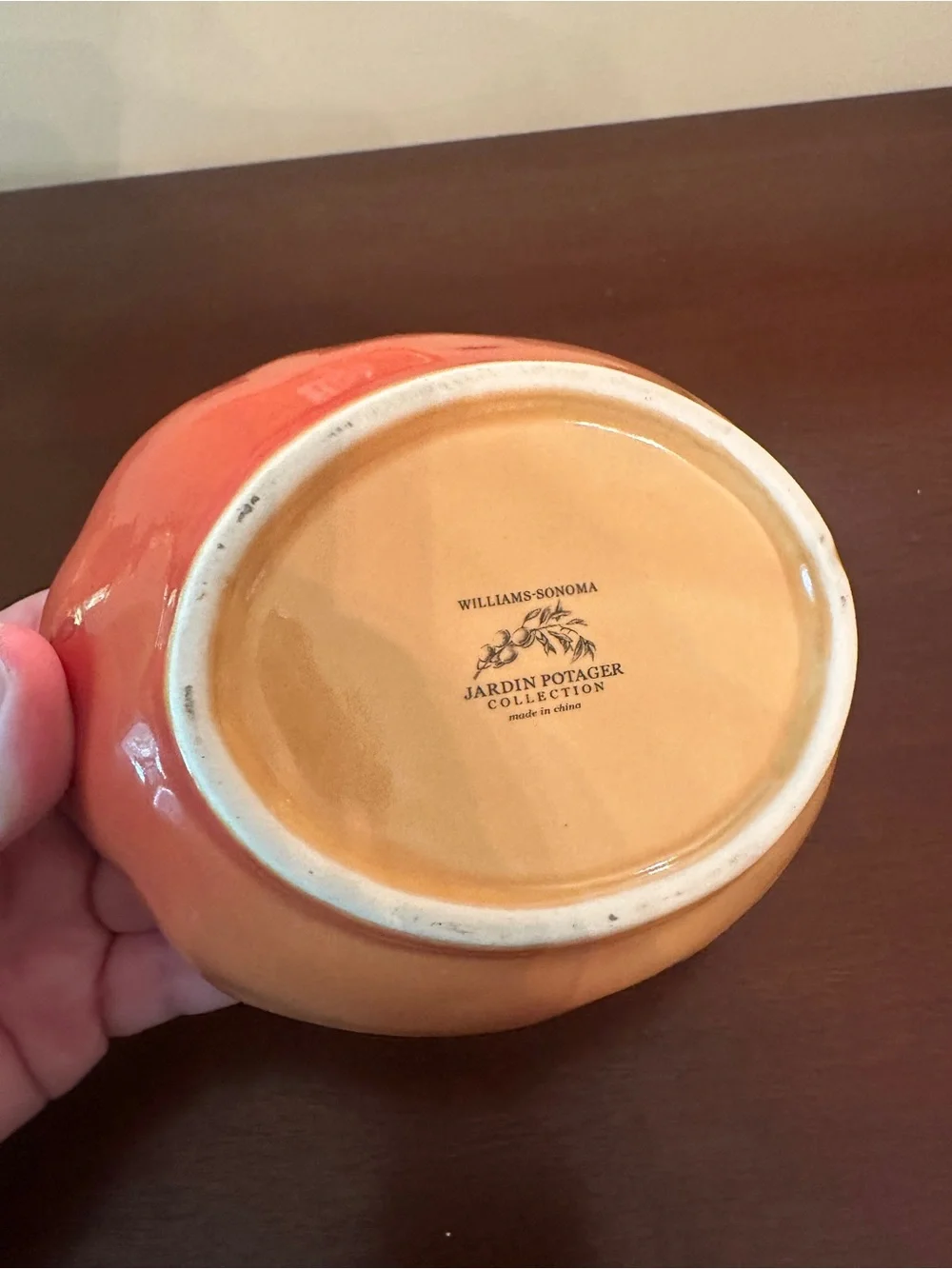 Williams Sonoma Orange Pumpkin-Shaped Ceramic Serving Dish with Green Stem